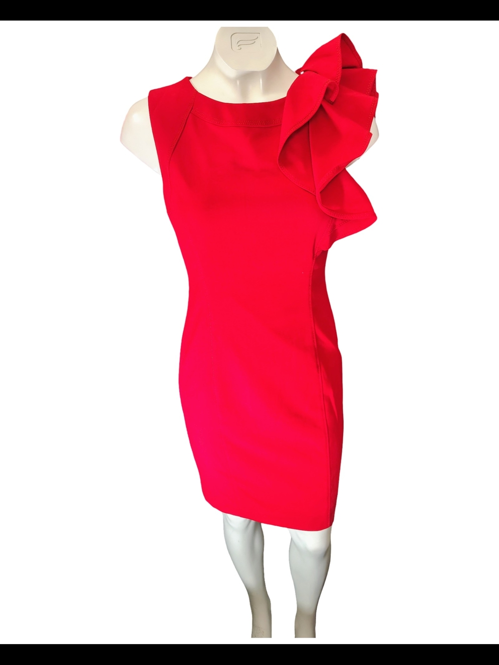Calvin Klein Red One-Shoulder Ruffle Sheath Dress - Picture 3 of 6